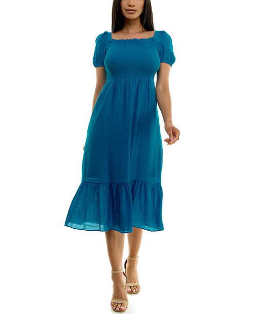 Nanette Nanette Lepore Women's Carribean Texture Dress with Smock Chest and Blouson Sleeve, Blue Curacao