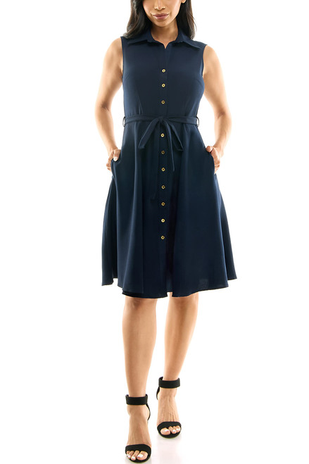 Sharagano Women's Sleeveless Button Front Shirt Dress with Sweep, Deep Navy, 12