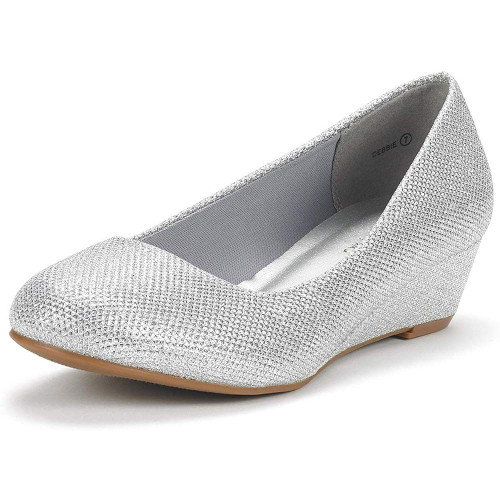 DREAM PAIRS Women's Debbie Silver Glitter Mid Wedge Heel Pump Shoes - 9 M US
