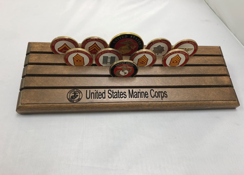 DECOMIL - Challenge Coin Holder, 4 Row Coin Display Case, Coin Display Stand with Armed Forces Emblem Engraved, Marine Corps