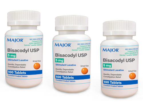 Major Bisacodyl Enteric Coated Tablets, 5mg, 100 Count Per Bottle (3 Pack)