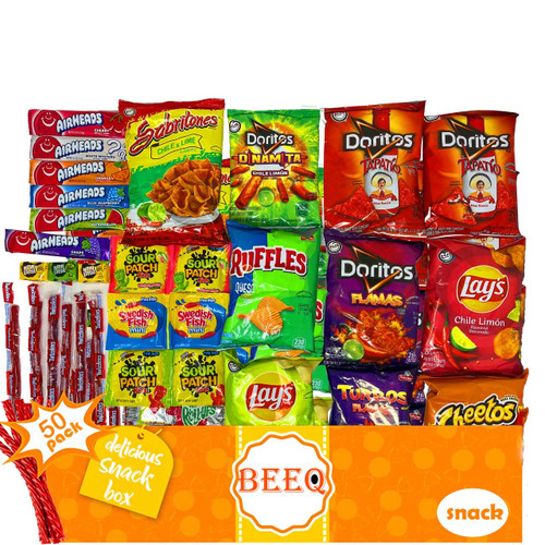 BEEQ-Snack Box Variety Pack Care Package (50 Count)Snacks Food Cookies Chips Candy Party Variety Gift Box Pack Assortment Basket Bundle Mix Bulk Sampler