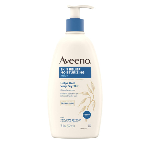 Aveeno Skin Relief Fragrance-Free Moisturizing Lotion for Sensitive Skin, with Natural Shea Butter & Triple Oat Complex, Unscented Therapeutic Body Lotion for Itchy, Extra-Dry Skin, 18 fl. oz Aveeno Skin Relief Fragrance-Free Moisturizing Lotion for Sensitive Skin, with Natural Shea Butter & Triple Oat Complex, Unscented Therapeutic Body Lotion for Itchy, Extra-Dry Skin, 18 fl. oz
