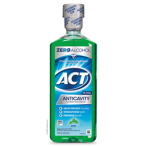 ACT Anticavity Zero Alcohol Fluoride Mouthwash 18 fl. oz. (Pack of 4) With Accurate Dosing Cup, Mint
