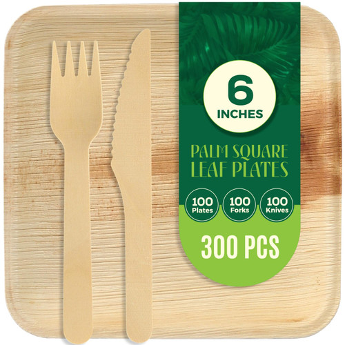 TUNITI 300 Pack Compostable Square Palm Leaf Dinnerware I 100 of 6'' Plates, 100 Knives and 100 Forks| Premium Disposable Plates Set I Heavy Duty Eco-Friendly Like Bamboo Disposable Plates