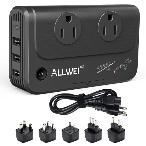 ALLWEI Travel Voltage Converter 220V to 110V Power International Travel Adapter for Hair Straightener/Curling Iron, Universal Power Plug Adapter UK, US, AU, EU, IT, India (Black)