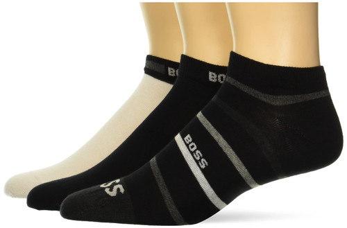 BOSS Men's 3 Pack Solid Cotton Stretch Ankle Socks, Noir/Snow/Noir Striped Steel, 7 13