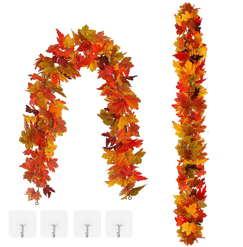 2 Pack Fall Garland Maple Leaf, 5.9Ft/PCS Autumn Maple Leaves Garland Hanging Artificial Orange Leaf Vine Garland for Indoor Outdoor Fireplace Halloween Thanksgiving Decoration