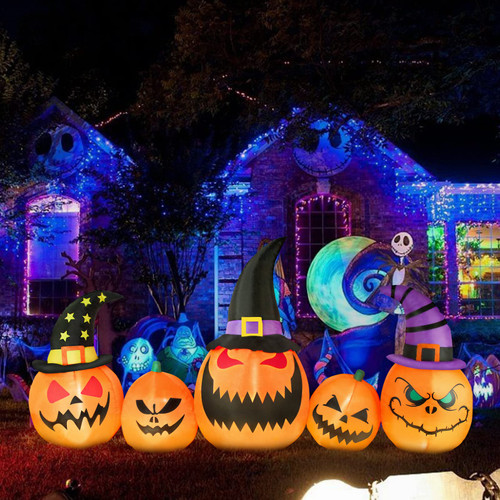 Halloween Inflatable Pumpkin Outdoor Decoration, 8FT Long Inflatable 5 Pumpkins Patch Lanterns with Build-in LED Lights Blow Up Inflatables for Halloween Tress Party Indoor Garden Lawn Yard Decor