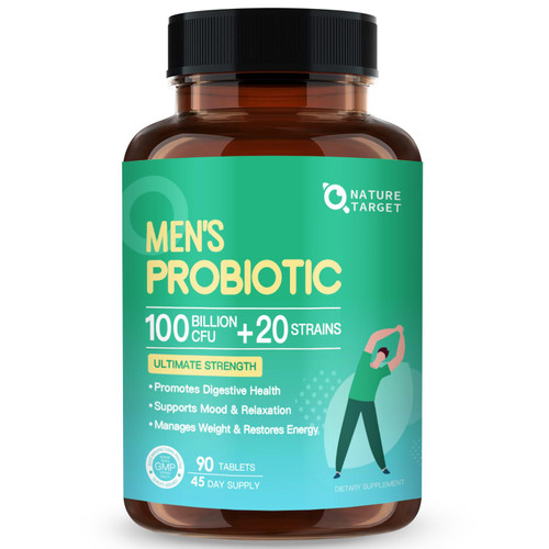 Probiotics for Men Digestive Health 100 Billion CFUs - Mens Probiotic with Prebiotics and Digestive Enzymes, Mood Probiotic with L-theanine Support Emotional Wellbeing, Energy, Immunity (90 Tablets)
