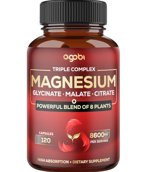 Magnesium Triple Complex - 600mg Magnesium Glycinate, Malate & Citrate - Added Spinach, Swiss Chard & Others - Support Calm, Restful Mood & Muscle Cramp - 120 Capsules