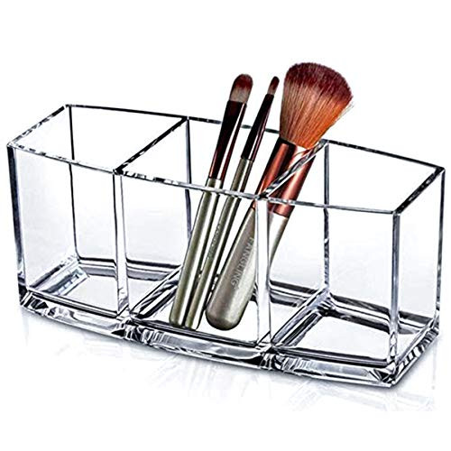 Makeup Brush Holder Organizer | 3 Slot Acrylic Cosmetic Brushes Storage | Eyeliners Eyebrow Pencil Clear Display Case