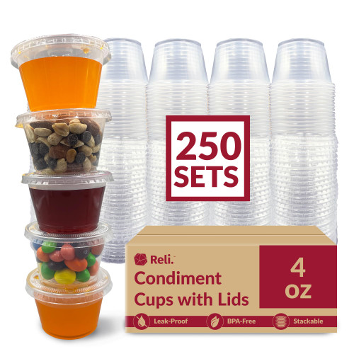Reli. 4 oz Small Containers with Lids (250 Sets) | Jello Shot Cups with Lids | Clear Plastic Condiment Containers with Lids | Portion Cups with Lids | Sauce Cups | Souffle Cups | Stackable | Bulk