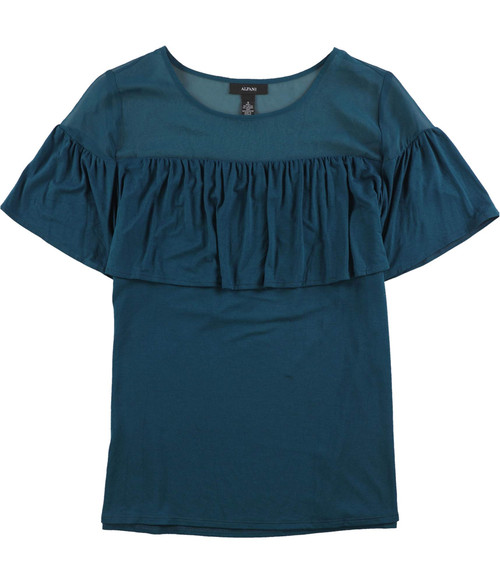 Alfani Womens Illusion Flounce Basic T-Shirt, Blue, Small