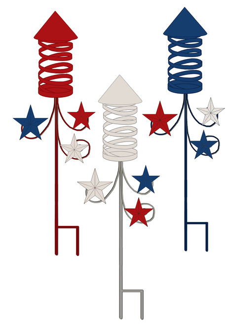 Worth Imports 33" Metal Americana Rocket Fireworks Yard, Set of 3 Stake, Multicolor