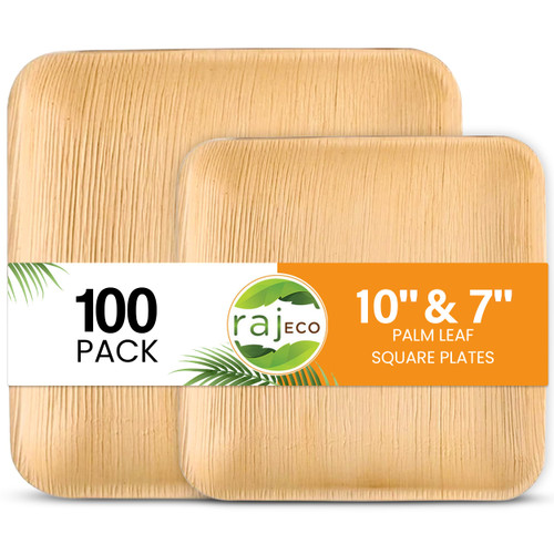 Raj Eco Compostable Palm Leaf Plates Like Bamboo Plates Disposable - 10 and 7 Inch Square 50 Party Plates, Natural Wooden, Eco-Friendly, Fancy Biodegradable Dessert Appetizer Wedding Plates
