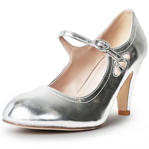 J. Adams Pixie Mary Jane Shoes Women Oxford Pumps - Cute Low Kitten High Heels - Retro Vintage Shoes for Women 1950s Mary Janes Round Toe Shoe with Ankle Strap - Women Dress Shoes Silver