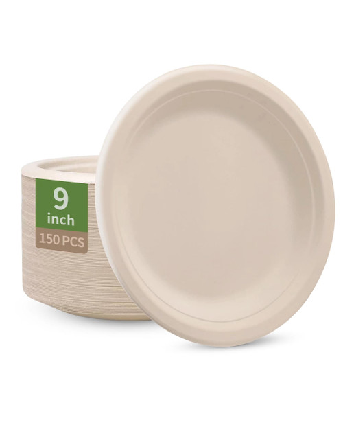 TEMMAX 100% Compostable Paper Plates 9 Inch 150 Pcs Disposable Heavy-Duty Plates Eco-Friendly Natural Sugarcane Bagasse Fiber Biodegradable for BBQ,Party,Picnic Etc