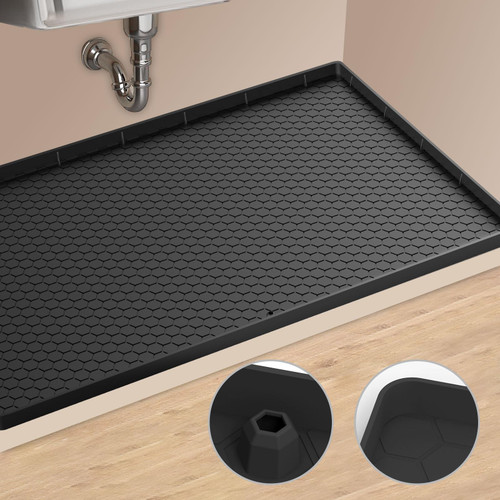 Under Sink Mat, 28" x 22" Silicone Kitchen Cabinet Tray, Waterproof & Flexible Under Sink Liner for Kitchen Bathroom Cabinet Mat Protector, Under Sink Tray for Drips Leaks Spills, Black