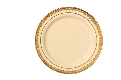 DecorLine Plastic Round Dinner Plates with Gold Rim - 10.25" | Cream | Prestige Collection | Pack of 10