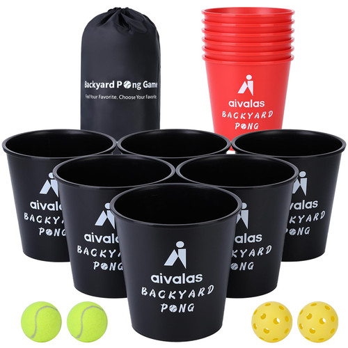 Aivalas Backyards Pong Games, Giant Yard Pong Bucket Game Set with 12 Buckets, 4 Balls and a Carry Bag, Toss Game for Family and Friends (Red/Black) Aivalas Backyards Pong Games, Giant Yard Pong Bucket Game Set with 12 Buckets, 4 Balls and a Carry Bag, Toss Game for Family and Friends (Red/Black)