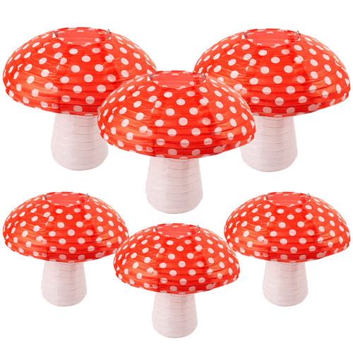 6PCS Mushroom Lantern, Forest Jungle Theme Lantern Wonderland Hanging Mushroom Shaped Paper Lanterns Ornament for Birthday Wedding Nursery Garden Decoration