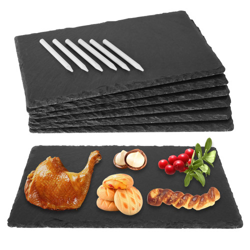 CertBuy 6 Pack Black Slate Cheese Board 10 x 6 Inch, Cheese Platter Slate Board with Natural Edge for Kitchen Dining Party, Black Stone Plates for Cake Fruit Meat Appetizers Dried Fruits Display