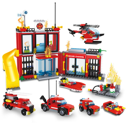 City Rescue Car Building Blocks Toy, Roleplay Parent-Child Set, Firefighter Kit with Fire Truck, Life Boat, Helicopter, Fire Extinguisher Educational Toys Thanksgiving Gift for Kid 6+ (Fire Station)