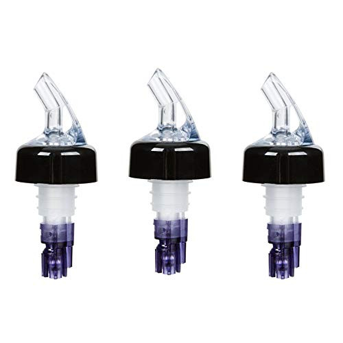 (Pack of 3) Measured Liquor Bottle Pourers, 1.125 oz, Clear Spout Bottle Pourer with Purple Tail and Black Collar, Measured Pour Spouts by Tezzorio