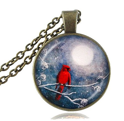 Cardinal Bird on a Tree Photo Necklace, Wintry Night Full Moon Pendant, Glass Cabochon Necklace