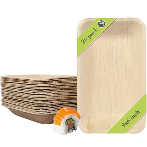 Naturally Chic Palm Leaf Plates - 9x6 Inch Rectangle Sushi Plate - Bamboo Plates Disposable, Eco Friendly, Disposable, Compostable and Biodegradable Plates for Weddings, Parties - 25 Pack