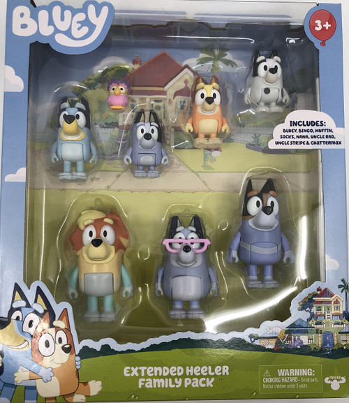 Bluey, Extended Heeler Family Pack, 2.5-3 inch Figures, Bingo, Socks, Muffin, Uncle Stripe, Uncle Rad, Nana and Chattermax, Preschool, Toys for Kids, Ages 3+ Bluey, Extended Heeler Family Pack, 2.5-3 inch Figures, Bingo, Socks, Muffin, Uncle Stripe, Uncle Rad, Nana and Chattermax, Preschool, Toys for Kids, Ages 3+