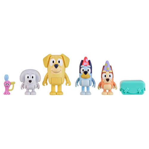 Bluey Figure 4-Pack, Pass The Parcel 2.5-3 inch, Bingo, Lucky's Dad and Lila Character Figures with Accessories