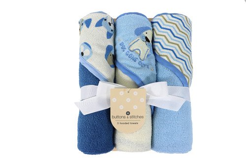 Cudlie Buttons & Stitches Baby Boy 3 Pack Rolled/Carded Hooded Towels in Dog Gone Cute Print, GS71722