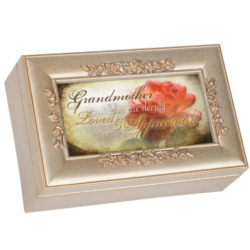 Cottage Garden Grandmother Deeply Loved Silvertone Embossed Floral Jewelry Music Box Plays Wind Beneath My Wings