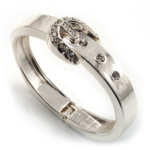 Avalaya Polished Silver Tone Crystal Belt Hinged Bangle Bracelet