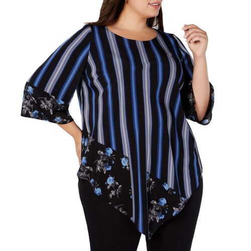 Alfani Womens V-Hem Tunic Blouse, Blue, 1X