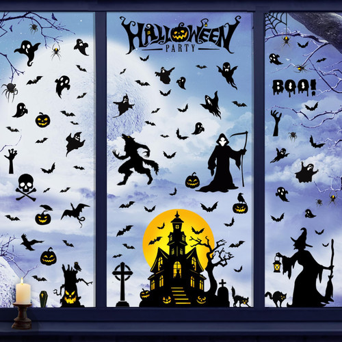 Halloween Window Clings Halloween Window Decals Double-Side Removable Stickers for Halloween Decorations with Ghost Bats Pumpkins Witch Tombstone Haunted House Halloween Window Stickers 4 Sheets