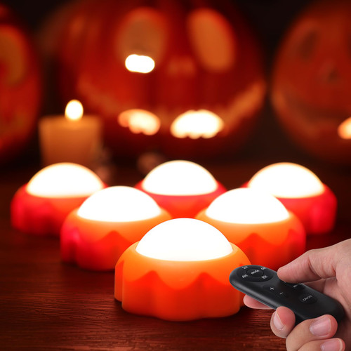 Halloween Pumpkin Lights 6 Pack, LED Lights Battery Operated with Remote & Timer, Bright Pumpkin lights for Inside Pumpkins, Orange Jack-O-Lantern Light, Flameless Candles for Halloween Decoration