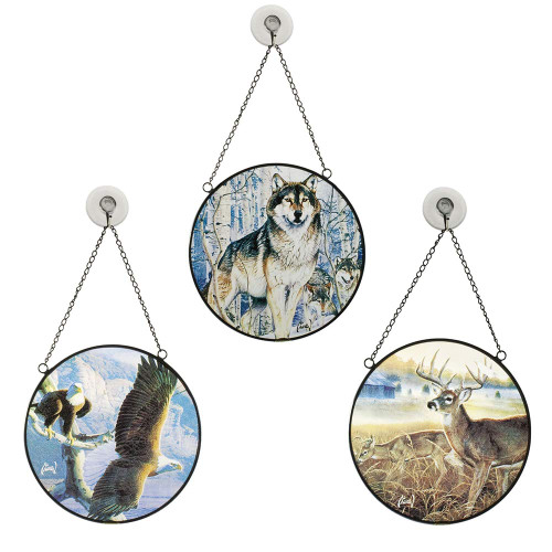 Suncatchers for Windows Decor - Al Agnew Native American Gift - Best Home Decoration - Stained Glass Wildlife Present - Set of 3 Authentic American Wildlife Animals (Eagle, Deer, Wolf)