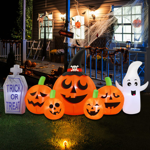 Seasonize 8.3 FT Long Halloween Inflatables Outdoor Decorations, Inflatables Pumpkins with White Ghost and Tombstone, Blow Up Inflatables Decorations with Built-in LEDs for Holiday Party Yard Lawn