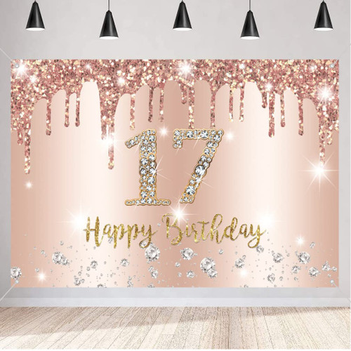 Happy 17th Birthday Decorations Backdrop Banner for Girls Happy 17 Years Old Party Sign Poster Girl 17th Birthday Rosegold Photography Background 17th Birthday Party Supplies, 59"x35.4"