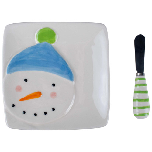 DEMDACO Snowman Winter White 5.5 x 5.5 Ceramic Stoneware Plate With Spreader Set