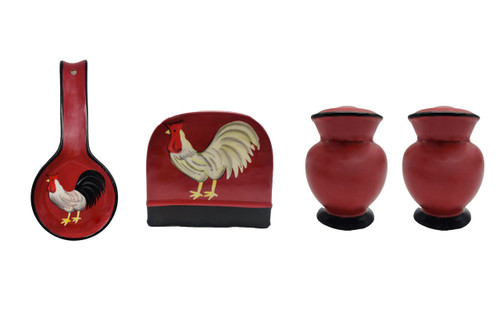 Tuscany Roamer Rooster Hand Painted Ceramic 4pcs Red Stove, Table Top Set, 86725/28 by ACK