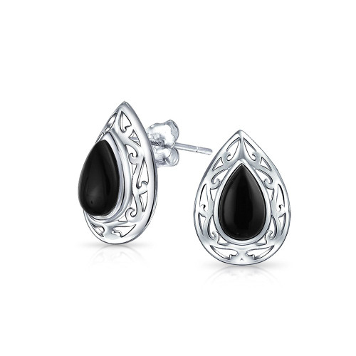 Bali Style Dyed Black Onyx Semi Precious Gemstone Pear Shape Filigree Setting Teardrop Stud Earrings For Women .925 Sterling Silver 15MM