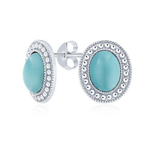 Classic Stabilized Blue Turquoise Semi Precious Gemstone Milgrain Bezel Halo Oval Stud Earrings For Women .925 Sterling Silver