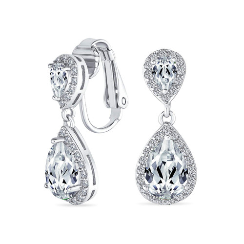 Bridal Teardrop CZ Halo Prom Dangle Drop Statement Chandelier Clip On Earrings Cubic Zirconia Silver Plated Brass