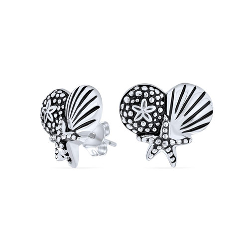 Hawaiian Seaside Beach Escape Tropical Vacation Nautical Sand Dollar Starfish Seashell Stud Earrings For Women Teen Oxidized .925 Sterling Silver