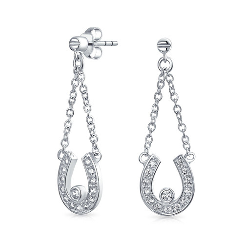 Good Luck Horseshoe Equestrian Cubic Zirconia Pave CZ Dangle Earrings Western Jewelry For Women Teen Graduation .925 Sterling Silver