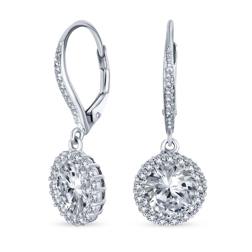 3Ct Cubic Zirconia Round Solitaire CZ Halo Dangle Drop Lever back Earrings For Women .925 Sterling Silver